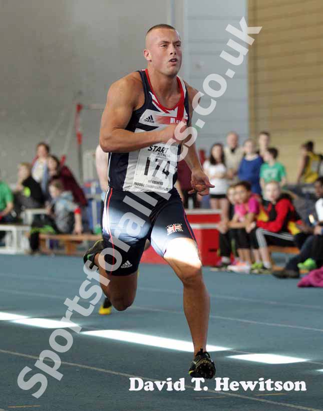 Richard Kilty winning the 60 metres with a championship record, North East Indoor Champs, Gateshead.